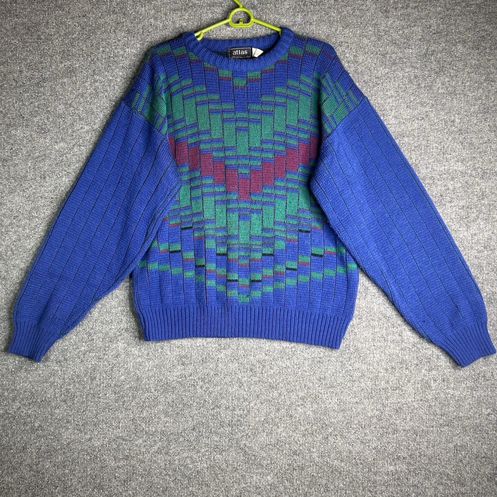 Vintage Atlas Knit Geometric Sweater Mens Size‎ Large Grandpa Acrylic Blue